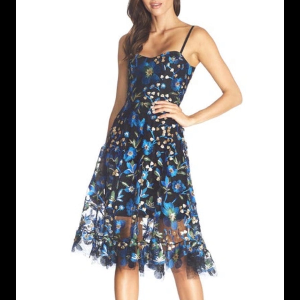 Dress the Population UMA Floral Embroidered Laced  Peacock Black Multi SMALL